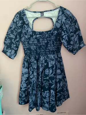 Free People Navy Blue Floral Square-Neck Mini Dress thumbnail 1