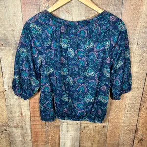 Blue Purple Paisley Peasant Blouse 3/4 Sleeve Boho Top Cottagecore Elastic Hem thumbnail 6