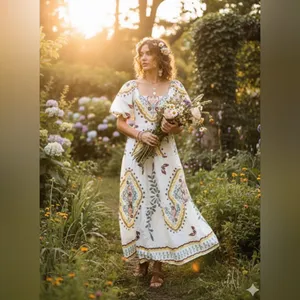 Meadow Rhodes Boutique Boho Maxi Dress 100% Cotton Puff Sleeve Smocked size M thumbnail 3