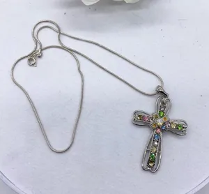 colorful rhinestone cross pendant necklace brushed antique silver thumbnail 1