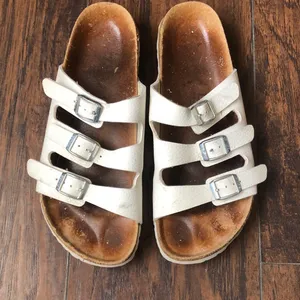 Birkenstock Betula White Brown Florida Triple Band Strap Buckle Slides Sandals Sz 41 Women 10 Men 8 thumbnail 1