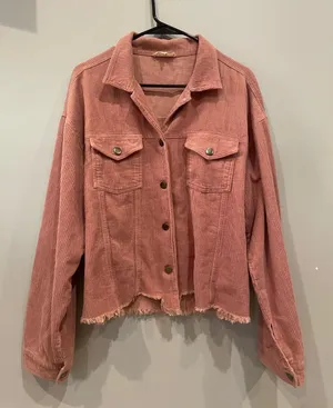 Dark pink corduroy button front shirt long sleeve ripped hem thumbnail 1