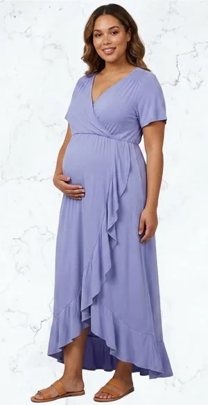 ISABEL MATERNITY Ruffle Maxi Dress Romantic Boho Nursing Friendly Lavender‎ M thumbnail 1