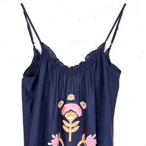 Anthropologie Malika Embroidered Dress Low Scoop Back Ruffle Hem Navy Blue XS thumbnail 13