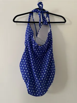 Lauren Ralph Lauren Blue White Polka Dot Halter One Piece Swimsuit 8 Ruched thumbnail 4