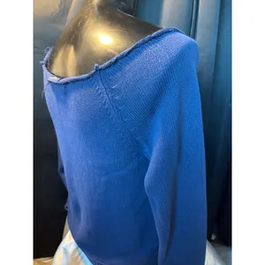 Lands End Drifter Womens XL Blue Cable Knit Cotton Sweater Raw Neck Distressed thumbnail 3
