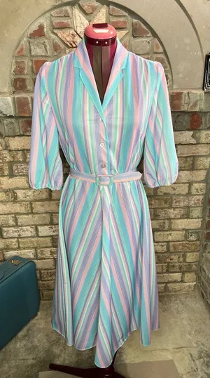 shirt dress striped pastel blue pink white matching belt thumbnail 1