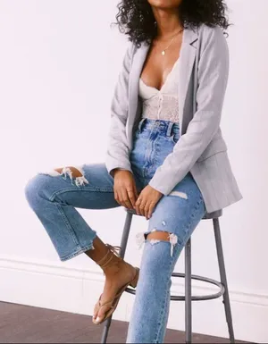 Abercrombie Long Sleeve Plaid Boyfriend Oversized Blazer Jacket Gray Large thumbnail 1