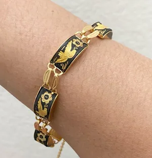 Vintage Damascene Gold-tone Enameled Birds & Flowers Link 8” Bracelet 16.3g thumbnail 6
