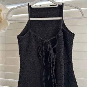 Free People Lyla Black Smocked Mini Dress Lace Up Open Back Y2K Size M thumbnail 2