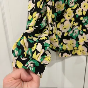 WHO WHAT WEAR Balloon Long Sleeve Keyhole Top‎ Black Green Floral Womens Large thumbnail 5