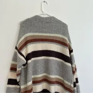 A NEW DAY Striped Open Front Cardigan Gray Cream Tan Brown Long Heavy Sweater M thumbnail 14