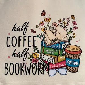 Canvas book tote reusable bookworm coffee addict NEW handmade gift thumbnail 2