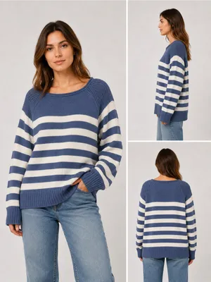 Aerie Women’s M Blue White Striped Knit Sweater Coastal Nautical NWT thumbnail 2