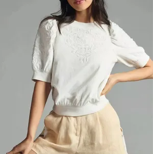 By Anthropologie Embroidered Puff Sleeve Sweatshirt in Ivory thumbnail 1