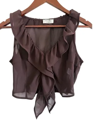 TIC TOC Chocolate Brown Chiffon Ruffle Tie Front Top S NWT thumbnail 1
