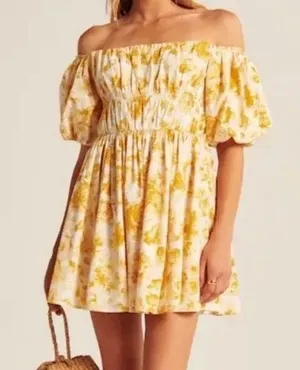 Abercrombie & Fitch Yellow Floral Off The Shoulder Prep Mini Dress Size Medium thumbnail 1