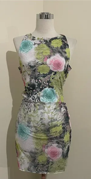 Floral Mesh Mini Dress in Pastel Pink & Aqua thumbnail 1