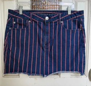 American Eagle Hi‎ Rise Mini Denim Skirt Red Blue Stripes Raw Hem Size 14 thumbnail 1