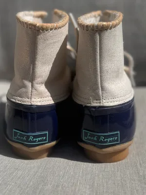 Womens Jack Roger’s Chloe Gold Metallic Cream Leather Navy Rubber Duck Boot Sz 9 thumbnail 6