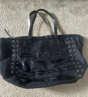 Victoria's Secret Black Tote with Eyelet Ribbon Accents 22* 13* thumbnail 1