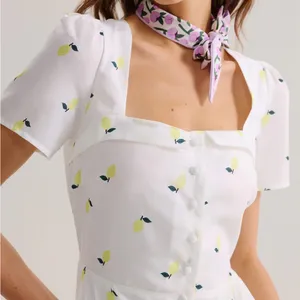 Rihoas White Lemon Fruit Square Neck Midi Dress thumbnail 3