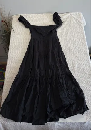 Staud Black Cotton Tiered Midi Dress Square Neck Off Shoulder Button Front 6 thumbnail 1