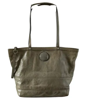 Vintage Coach stitch outline C signature olive grey patent leather tote thumbnail 1