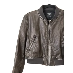 ZARA Faux Leather Cropped Bomber Jacket Brown Medium thumbnail 4