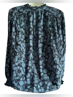 MAEVE by Anthropologie Blue Floral Ruffle-Neck Blouse thumbnail 4