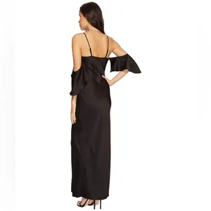 ASTR THE LABEL Kendra Cold Shoulder Satin Maxi Dress, Black, Medium thumbnail 3