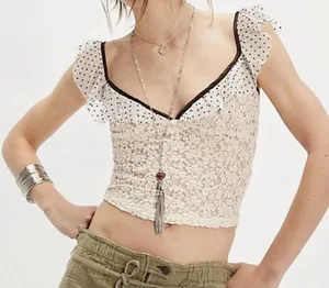 Free People Lace Crop Top Large Cream Brown Polka Dot Ruffle Romantic Shabby thumbnail 1