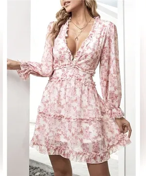 Womens Spring Summer Deep V Neck Ruffle Floral Chiffon Mini Dress thumbnail 1