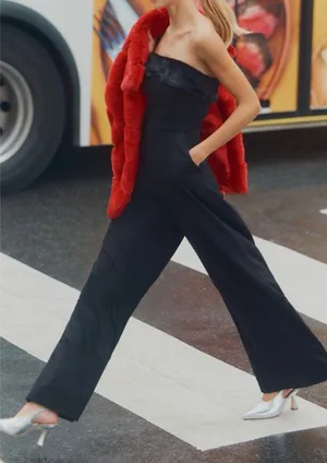 Anthropologie Hutch Faux Fur Trim Strapless Black Jumpsuit Size 14 Wide-Leg thumbnail 1