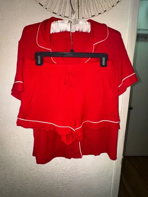 Auden Red Short Sleeve Pajama Top with White Piping Accent thumbnail 2