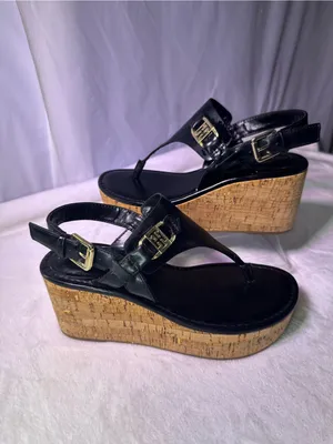 Tommy Hilfiger Black Leather Cork Wedge Thong Sandals with Gold Logo thumbnail 2