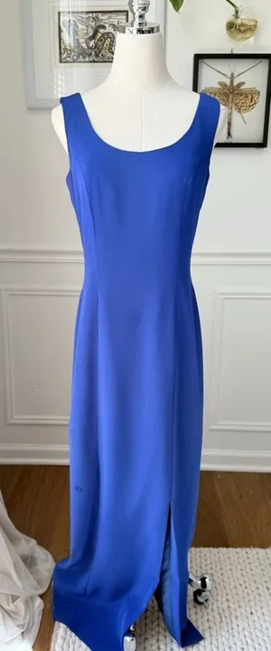 Vintage 90s Black Tie Oleg Cassini Cobalt Blue 2pc Column Gown Dress Bolero Jack thumbnail 1