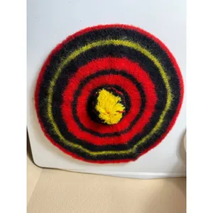 MZ Wallace Wool‎ Beret Hat Striped Red Black Yellow Pom Pom Made in Scotland thumbnail 8
