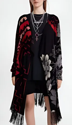 Desigual Womens Boho Dark Detroit Fringe Floral Open‎ Front Knit Cardigan Size L thumbnail 1