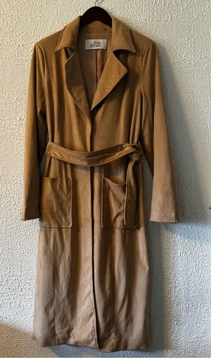 Badgley Mischka Tan Faux Suede Camel Long Belted Trench Coat thumbnail 1