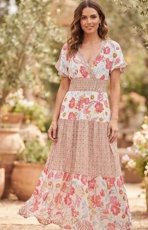 J GEE Womens Floral Smocked Waist Maxi Dress Pink White V-Neck‎ Boho Size S thumbnail 1