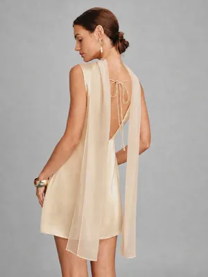 Rihoas Apricot Boat Neck Tie Satin Mini Dress thumbnail 2
