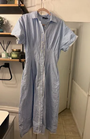 J. Crew Light Blue & White Striped Midi Shirt Dress thumbnail 1