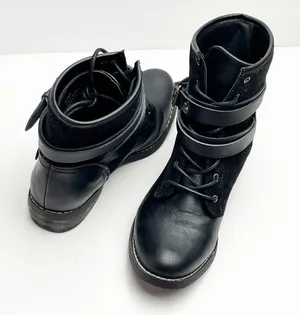SHOE DAZZLE Alina Black Lace Up Wrap Buckle Combat Style Boots 7.5 Bikercore thumbnail 1