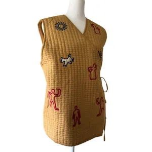 Zara Retro Bohemian Cottagecore Tan Quilted Adjustable V-Neck Wrap Vest thumbnail 3