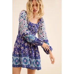 Spell Clairvoyant Mini Dress Blue Floral Paisley Smocked Boho Medium thumbnail 2