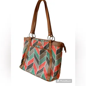 Kailo Chic Coral & Turquoise Chevron Fabric Laptop Organizer Bag Travel Tote thumbnail 2