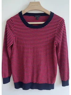 J.Crew 100% Merino Wool Striped Sweater Pink Navy Crewneck Women’s L thumbnail 1