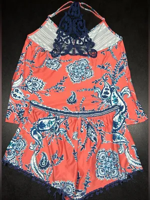 In Bloom by Jonquil Women's Size S Orange Blue Floral Knit Pajama Shorts Set thumbnail 3