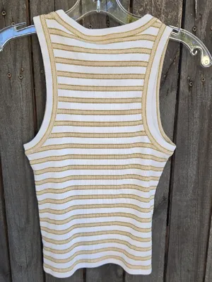 Veronica Beard Cream & Tan Striped Ribbed Sleeveless Tank thumbnail 3